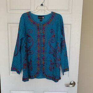 Antthony Embroidered Kaftan Top Jacket India Cotton Women's Large Boho Blue